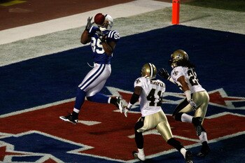 MIAMI GARDENS, FL - FEBRUARY 07:  Pierre Garcon #85 of the Indianapolis Colts catches a touchdown pass in the first quarter against the New Orleans Saints during Super Bowl XLIV on February 7, 2010 at Sun Life Stadium in Miami Gardens, Florida.  (Photo by