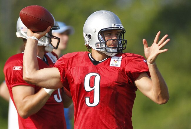 ALLEN PARK, MI - AUGUST 05:  Matthew Stafford #9 of the Detroit Lions throws a pass during training camp at the Detroit Lions Headquarters and Training Facility on August 5, 2010 in Allen Park, Michigan.  (Photo by Gregory Shamus/Getty Images)