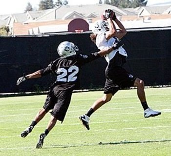 Walter McFadden defends Todd Watkins in practice earlier this week.