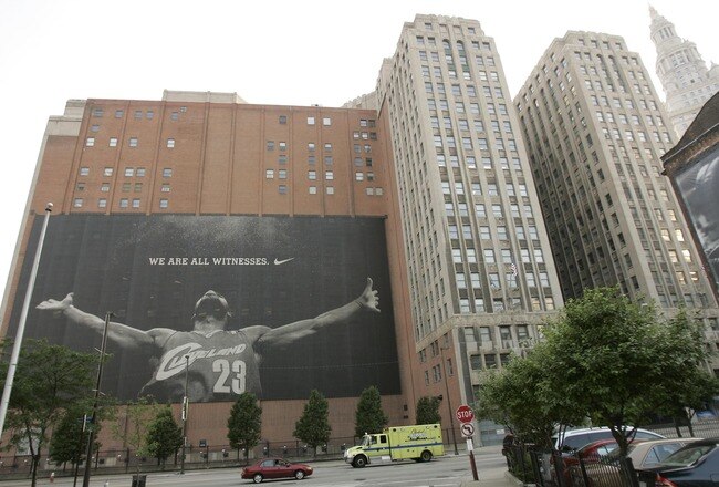 CLEVELAND - JULY 8:  A larger than life photograph of LeBron James is displayed July 8, 2010 in Cleveland, Ohio. The two-time Most Valuable Player has the choice of remaining with the Cleveland Cavaliers or signing with a new team. (Photo by J.D. Pooley/G