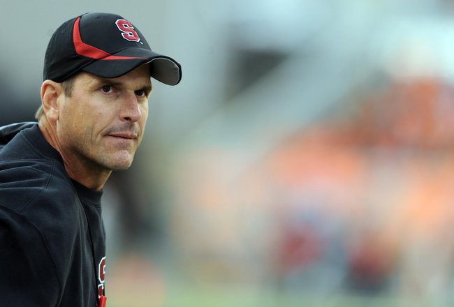 CORVALLIS, OR - OCTOBER 10: Head coach Jim Harbaugh of the Stanford Cardinals looks out at the action on the field in the third quarter of the game against the Oregon State Beavers at Reser Stadium on October 10, 2009 in Corvallis, Oregon. (Photo by Steve