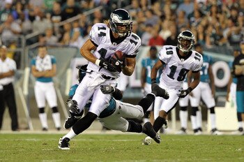 PHILADELPHIA - AUGUST 13: Riley Cooper #14 of the Philadelphia Eagles is tackled by William Middleton #29 of the Jacksonville Jaguars during their preseason game at Lincoln Financial Field on August 13, 2010 in Philadelphia, Pennsylvania.  (Photo by Nick 