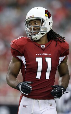 GLENDALE, AZ - AUGUST 14:  Wide receiver Larry Fitzgerald #11 of the Arizona Cardinals during preseason NFL game against the Houston Texans at the University of Phoenix Stadium on August 14, 2010 in Glendale, Arizona.  The Cardinals defeated the Texans 19