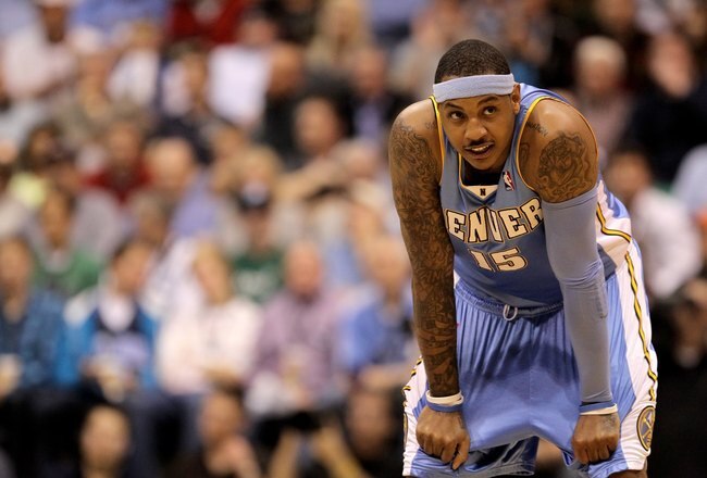 SALT LAKE CITY - APRIL 30:  Carmelo Anthony #15 of the Denver Nuggets stands on the court during their game against the Utah Jazz in Game Six of the Western Conference Quarterfinals of the 2010 NBA Playoffs at EnergySolutions Arena on April 30, 2010 in Sa