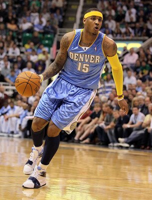 SALT LAKE CITY - APRIL 25:  Carmelo Anthony #15 of the Denver Nuggets dribbles the ball against the Utah Jazz during  Game Four of the Western Conference Quarterfinals of the 2010 NBA Playoffs at EnergySolutions Arena on April 25, 2010 in Salt Lake City, 