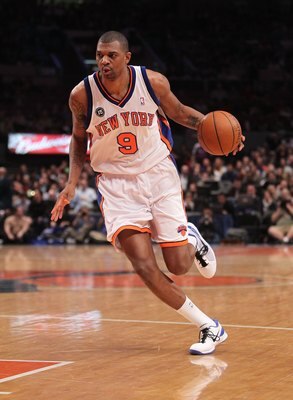 NEW YORK - MARCH 19:  Jonathan Bender #9 of the New York Knicks dribbles the ball against the Philadelphia 76ers at Madison Square Garden on March 19, 2010 in New York City. NOTE TO USER: User expressly acknowledges and agrees that, by downloading and or 