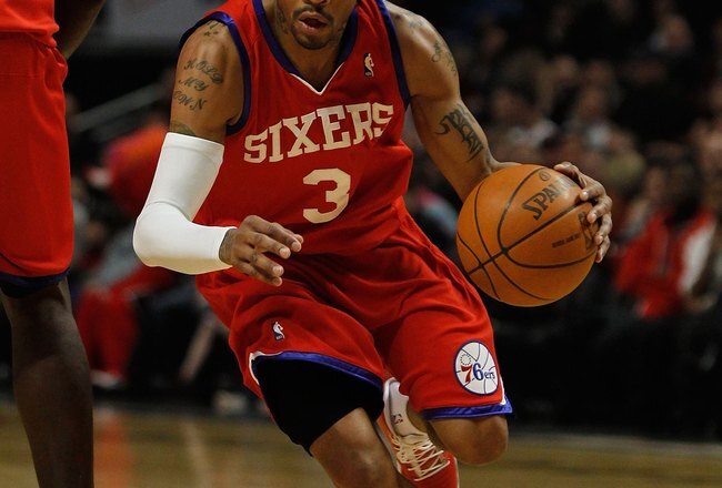 CHICAGO - FEBRUARY 20: Allen Iverson #3 of the Philadelphia 76ers moves against the Chicago Bulls at the United Center on February 20, 2010 in Chicago, Illinois. The Bulls defeated the 76ers 122-90. NOTE TO USER: User expressly acknowledges and agrees tha