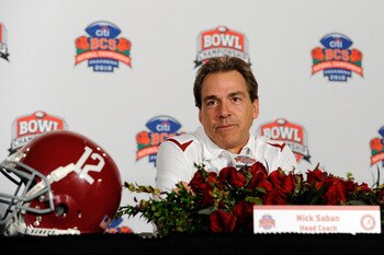 PASADENA, CA - JANUARY 07:  Head coach Nick Saban of the Alabama Crimson Tide speaks during a press conference after winning the Citi BCS National Championship game over the Texas Longhorns at the Rose Bowl on January 7, 2010 in Pasadena, California. The