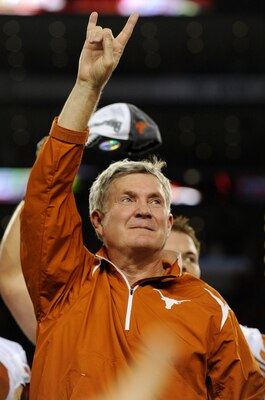 ARLINGTON, TX - DECEMBER 5:  Head coach Mack Brown of the Texas Longhorns after his teams 10-6 victory over the Nebraska Cornhuskers in the game at Cowboys Stadium on December 5, 2009 in Arlington, Texas. (Photo by Ronald Martinez/Getty Images)
