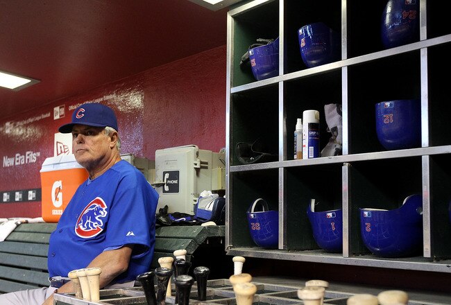 PHOENIX - JULY 05:  Manager Lou Piniella of the Chicago Cubs in the dugout during the Major League Baseball game against the Arizona Diamondbacks at Chase Field on July 5, 2010 in Phoenix, Arizona.  (Photo by Christian Petersen/Getty Images)