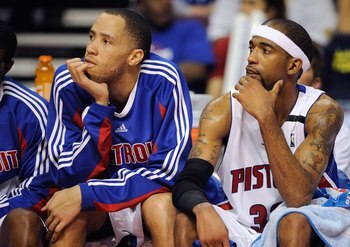 AUBURN HILLS, MI - APRIL 26:  (L-R) Tayshaun Prince #22 and Richard Hamilton #32 of the Detroit Pistons sit on the bench in Game Four of the Eastern Conference Quarterfinals against the Cleveland Cavaliers during the 2009 NBA Playoffs at the Palace of Aub