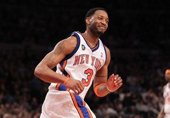 NEW YORK - FEBRUARY 20:  Tracy McGrady #3 of the New York Knicks smiles after making a basket against the Oklahoma City Thunder at Madison Square Garden on February 20, 2010 in New York, New York. NOTE TO USER: User expressly acknowledges and agrees that,