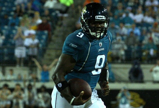 JACKSONVILLE, FL - AUGUST 21:  Quarterback David Garrard #9 of the Jacksonville Jaguars runs for yardage during the preseason game against the Miami Dolphins at EverBank Field on August 21, 2010 in Jacksonville, Florida.  (Photo by Sam Greenwood/Getty Ima