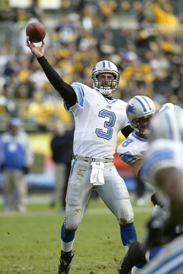 PITTSBURGH - JANUARY 1: Quarterback Joey Harrington #3 of the Detroit Lions passes against the Pittsburgh Steelers at Heinz Field on January 1, 2006 in Pittsburgh, Pennsylvania. The Steelers defeated the Lions 35-21.  (Photo by George Gojkovich/Getty Imag