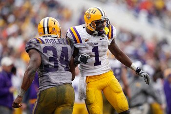 ORLANDO, FL - JANUARY 1: Brandon LaFell #1 and Stevan Ridley #34 of the LSU Tigers celebrate after Ridley scored a touchdown in the fourth quarter against the Penn State Nittany Lions during the 2010 Capital One Bowl at the Florida Citrus Bowl Stadium on