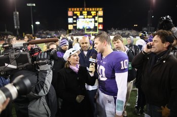 SEATTLE - DECEMBER 05:  Quarterback Jake Locker #10 of the Washington Huskies speaks to a reporter after winning the game against the California Bears on December 5, 2009 at Husky Stadium in Seattle, Washington. The Huskies defeated the Bears 42-10. (Phot