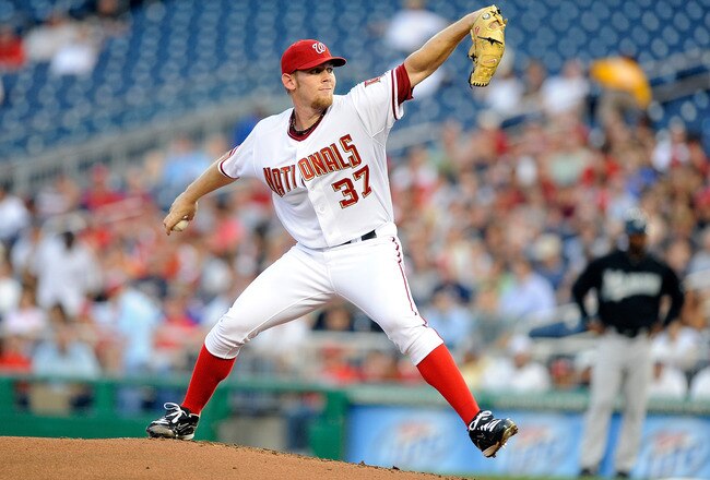 WASHINGTON - AUGUST 10:  Stephen Strasburg #37 of the Washington Nationals pitches against the Florida Marlins at Nationals Park on August 10, 2010 in Washington, DC.  (Photo by Greg Fiume/Getty Images)