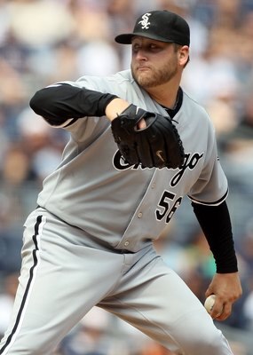 NEW YORK - MAY 02:  Mark Buehrle #56 of the Chicago White Sox delivers a pitch against the New York Yankees on May 2, 2010 at Yankee Stadium in the Bronx borough of New York City. The Yankees defeated the White Sox 12-3.  (Photo by Jim McIsaac/Getty Image
