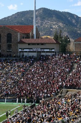 BOULDER, CO - NOVEMBER 07:  A view of the visiting fans section as the Colorado Buffaloes face the Texas A&M Aggies during NCAA college football action at Folsom Field on November 7, 2009 in Boulder, Colorado. Colorado defeated Texas A&M 35-34.  (Photo by