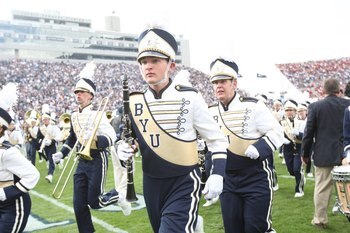 PROVO, UT - SEPTEMBER 19:  Brigham Young University Cougars marching band leaves the field after the opening ceremony of the game against Florida State Seminoles at La Vell Edwards Stadium on September 19, 2009 in Provo, Utah.  (Photo by Melissa Majchrzak