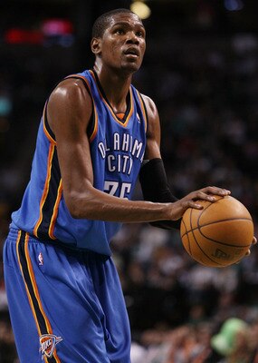 BOSTON - MARCH 31:  Kevin Durant #35 of the Oklahoma City Thunder shoots a free throw in the final minutes of the game against the Boston Celtics on March 31, 2010 at the TD Garden in Boston, Massachusetts. The Oklahoma City Thunder defeated the Boston Ce