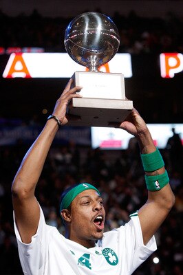 DALLAS - FEBRUARY 13:  Paul Pierce #34 of the Boston Celtics celebrates with the Champions Trophy after winning the Foot Locker Three Point Shootout on All-Star Saturday Night, part of 2010 NBA All-Star Weekend at American Airlines Center on February 13,
