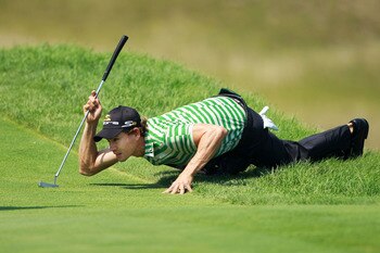 KOHLER, WI - AUGUST 12:  Camilo Villegas of Colombia lines up a putt on the 16th green during the first round of the 92nd PGA Championship on the Straits Course at Whistling Straits on August 12, 2010 in Kohler, Wisconsin.  (Photo by Andrew Redington/Gett