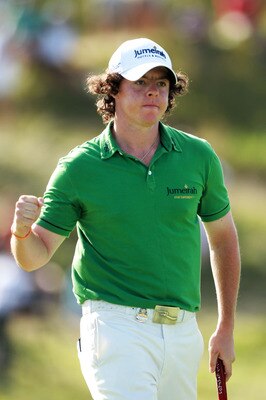KOHLER, WI - AUGUST 15:  Rory McIlroy of Northern Ireland celebrates a birdie on the 15th hole during the final round of the 92nd PGA Championship on the Straits Course at Whistling Straits on August 15, 2010 in Kohler, Wisconsin.  (Photo by Andrew Reding