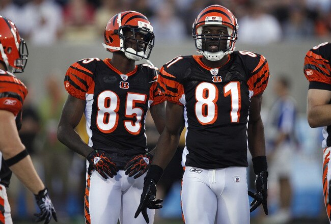 CANTON, OH - AUGUST 8: Terrell Owens #81 and Chad Ochocinco #85 of the Cincinnati Bengals look on against the Dallas Cowboys during the 2010 Pro Football Hall of Fame Game at the Pro Football Hall of Fame Field at Fawcett Stadium on August 8, 2010 in Cant