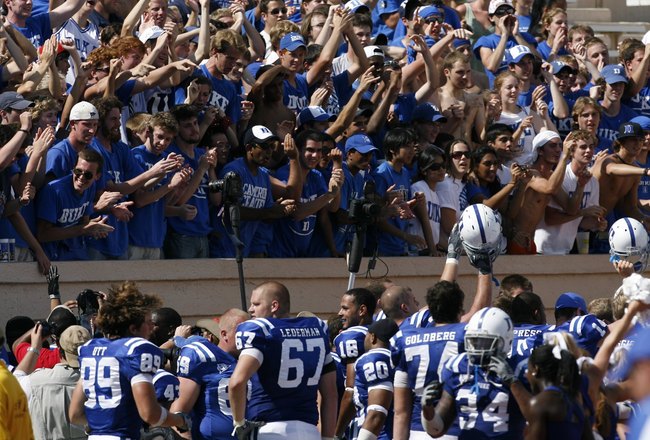 DURHAM, NC - SEPTEMBER 13:  Duke Blue Devils fans cheer during the game against the Navy Midshipmen at Wallace Wade Stadium on September 13, 2008 in Durham, North Carolina.  (Photo by Kevin C. Cox/Getty Images)