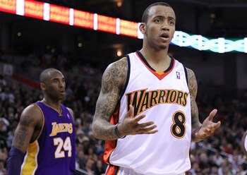 OAKLAND, CA - MARCH 15:  Monta Ellis #8 of the Golden State Warriors reacts to a call during action against the Los Angeles Lakers during an NBA game at Oracle Arena on March 15, 2010 in Oakland, California. NOTE TO USER: User expressly acknowledges and a