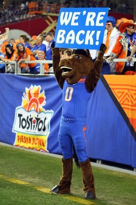 GLENDALE, AZ - JANUARY 04:  The Boise State Broncos mascot performs against the TCU Horned Frogs during the Tostitos Fiesta Bowl at the Universtity of Phoenix Stadium on January 4, 2010 in Glendale, Arizona.  (Photo by Christian Petersen/Getty Images)