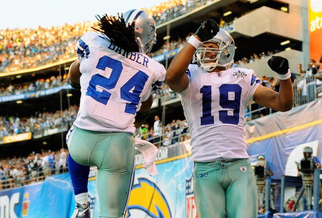 SAN DIEGO - AUGUST 21:  Wide receiver Miles Austin #19 of the Dallas Cowboys celebrates with teammate Marion Barber #24 after scoring a touchdown the San Diego Chargers during their pre-season NFL football game at Qualcomm Stadium on August 21, 2010 in Sa