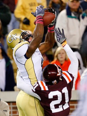 ATLANTA - OCTOBER 17:  Demaryius Thomas #8 of the Georgia Tech Yellow pulls in a reception against Rashad Carmichael #21 of the Virginia Tech Hokies Jackets at Bobby Dodd Stadium on October 17, 2009 in Atlanta, Georgia.  (Photo by Kevin C. Cox/Getty Image