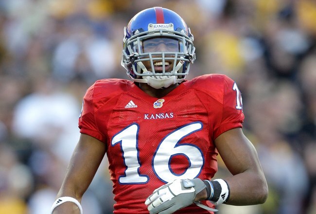 KANSAS CITY, MO - NOVEMBER 28: Cornerback Chris Harris #16 of the Kansas Jayhawks looks on during the game against the Missouri Tigers at Arrowhead Stadium on November 28, 2009 in Kansas City, Missouri. (Photo by Jamie Squire/Getty Images)