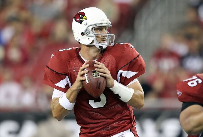 GLENDALE, AZ - AUGUST 14:  Quarterback Derek Anderson #3 of the Arizona Cardinals drops back to pass during preseason NFL game against the Houston Texans at the University of Phoenix Stadium on August 14, 2010 in Glendale, Arizona.  The Cardinals defeated