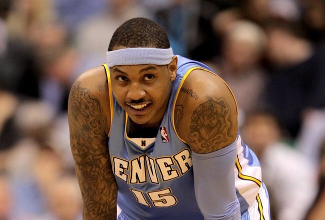 SALT LAKE CITY - APRIL 30:  Carmelo Anthony #15 of the Denver Nuggets stands on the court during their game against the Utah Jazz in Game Six of the Western Conference Quarterfinals of the 2010 NBA Playoffs at EnergySolutions Arena on April 30, 2010 in Sa