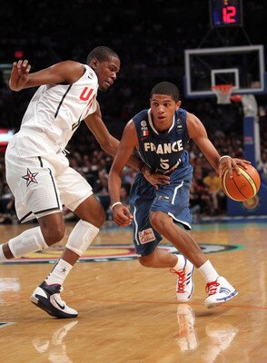 NEW YORK - AUGUST 15:  Nicholas Batum #5 of France drives to the basket past Kevin Durant #5 of the United States during their exhibition game as part of the World Basketball Festival at Madison Square Garden on August 15, 2010 in New York City.  (Photo b