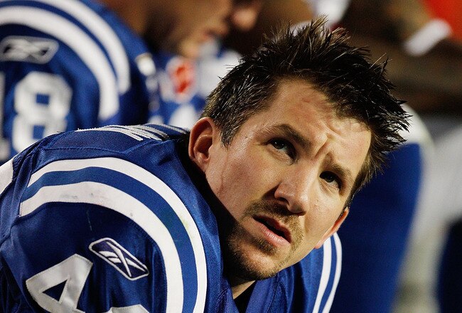 MIAMI GARDENS, FL - FEBRUARY 07: Dallas Clark #44 of the Indianapolis Colts looks on from the sidelines in the fourth quarter against the New Orleans Saints during Super Bowl XLIV on February 7, 2010 at Sun Life Stadium in Miami Gardens, Florida.  (Photo
