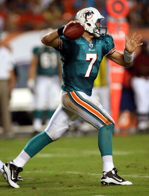 MIAMI - AUGUST 27: Quarterback Chad Henne #7 of the Miami Dolphins throws against the Atlanta Falcons during their preseason game at Sun Life Stadium on August 27, 2010 in Miami, Florida.  (Photo by Marc Serota/Getty Images)