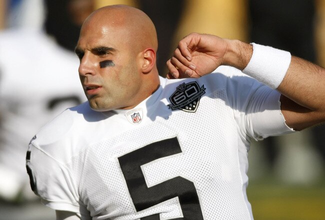 PITTSBURGH - DECEMBER 06: Bruce Gradkowski #5 of the Oakland Raiders stretches prior to playing the Pittsburgh Steelrs on December 6, 2009 at Heinz Field in Pittsburgh, Pennsylvania.  (Photo by Gregory Shamus/Getty Images)