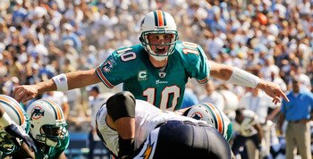 SAN DIEGO - SEPTEMBER 27:  Chad Pennington #10, quarterback of the Miami Dolphins, is seen with  band aid on the bridge of his nose as he calls a play against San Diego Chargers during first quarter of the NFL football game at Qualcomm Stadium on Septembe