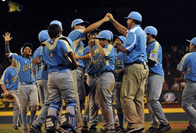 WILLIAMSPORT, PA - AUGUST 29: The West (California) celebrates their win against the Southwest (Texas) in the US final at Lamade Stadium on August 29, 2009 in Williamsport, Pennsylvania. California defeated Texas 12-2 in four innings. (Photo by Larry Fren