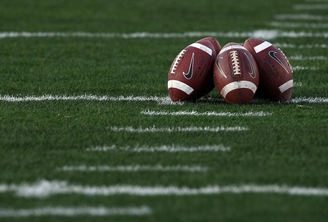 PASADENA, CA - JANUARY 07:  A detailed picture of footballs on the field prior to the Citi BCS National Championship game between the Texas Longhorns and the Alabama Crimson Tide at the Rose Bowl on January 7, 2010 in Pasadena, California.  (Photo by Step