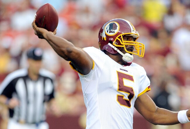 LANDOVER, MD - AUGUST 21:  Donovan McNabb #5 of the Washington Redskins throws a pass during the preseason game against the Baltimore Ravens at FedExField on August 21, 2010 in Landover, Maryland.  (Photo by Greg Fiume/Getty Images)