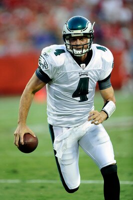 KANSAS CITY, MO - AUGUST 27: Kevin Kolb #4 of the Philadelphia Eagles runs for yardage during a preseason game against the Kansas City Chiefs at Arrowhead Stadium on August 27, 2010 in Kansas City, Missouri.  (Photo by G. Newman Lowrance/Getty Images)