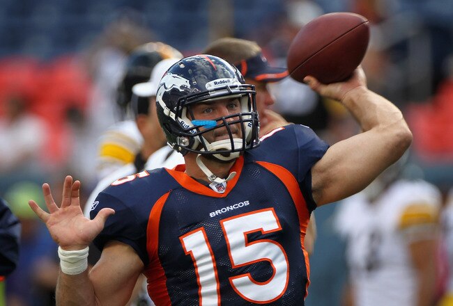 DENVER - AUGUST 29:  Quarterback Tim Tebow #15 of the Denver Broncos warms up prior to facing the Pittsburgh Steelers during preseason NFL action at INVESCO Field at Mile High on August 29, 2010 in Denver, Colorado.  (Photo by Doug Pensinger/Getty Images)