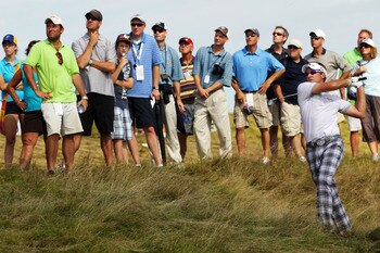 KOHLER, WI - AUGUST 14:  Ian Poulter of England watches his a shot from the rough on the 15th hole during the continuation of the second round of the 92nd PGA Championship on the Straits Course at Whistling Straits on August 14, 2010 in Kohler, Wisconsin.