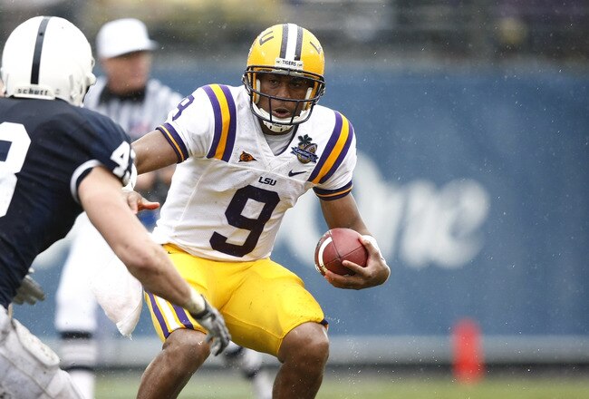 ORLANDO, FL - JANUARY 1: Jordan Jefferson #9 of the LSU Tigers runs with the football during the first half of the 2010 Capital One Bowl against the Penn State Nittany Lions at the Florida Citrus Bowl Stadium on January 1, 2010 in Orlando, Florida. (Photo