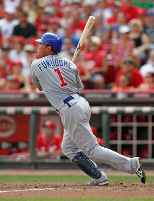 CINCINNATI - AUGUST 29:  Kosuke Fukudome #1 of the Chicago Cubs hits a home run during the game against the Cincinnati Reds at Great American Ball Park on August 29, 2010 in Cincinnati, Ohio.  (Photo by Andy Lyons/Getty Images)